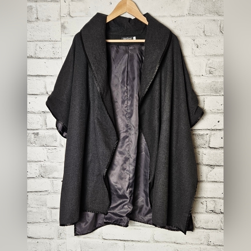 Red Coral Charcoal Draped Cape Poncho Wrap Coat O/S